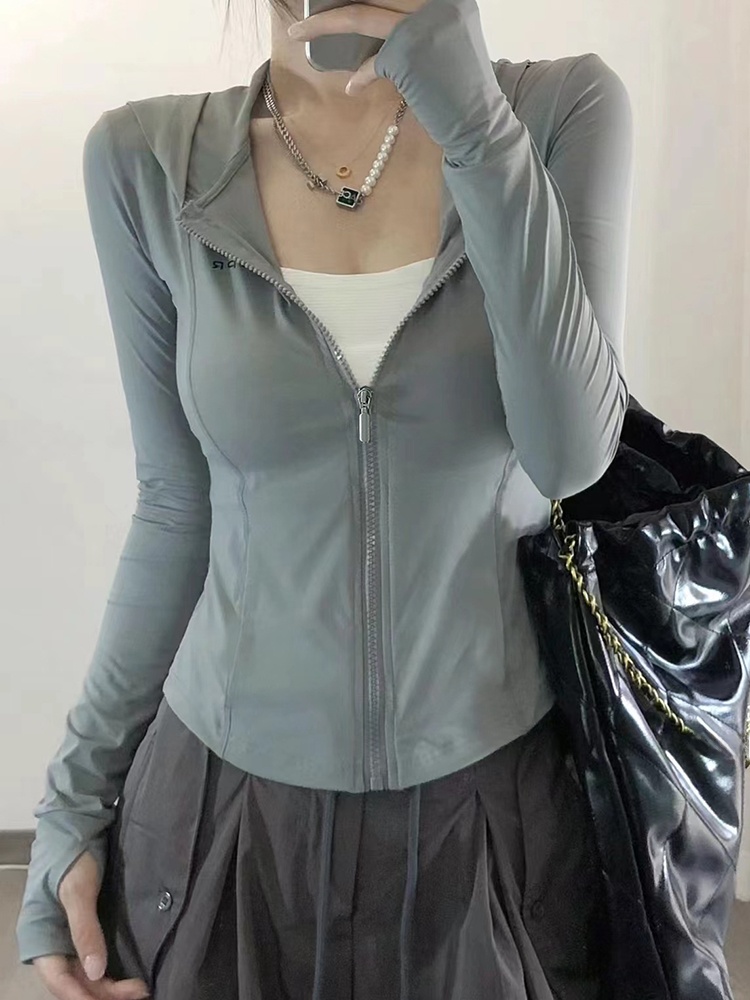 Summer Uv Clothing - グレーグリーンアイスシルクフード付きUV保護服女性の夏の新しいスリムフィットヨガスポーツウェア速乾性長袖ジッパー