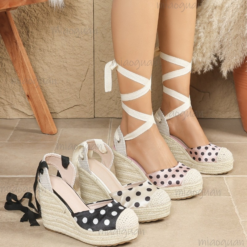 Espadrille Sandal Women - 2026年春夏新作 レディース ドット柄 エスパドリーユ ウェッジサンダル 編み込み麻プラットフォームシューズ