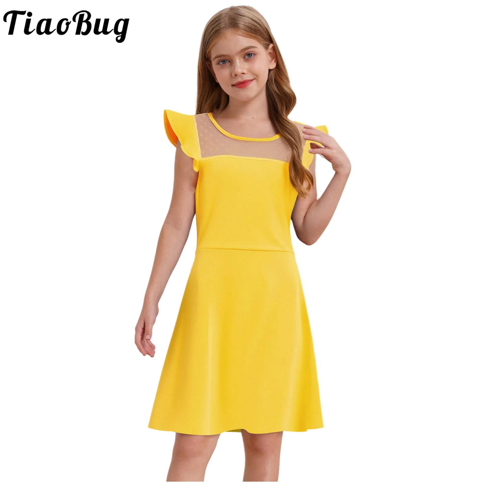 Summer Kids Clothing - 10代の女の子の夏のドレス、ラッフルスリーブ、ドット柄、シースルーメッシュ、Aラインドレス、誕生日、結婚式、パーティー、ページェント、宴会、プロム、子供服
