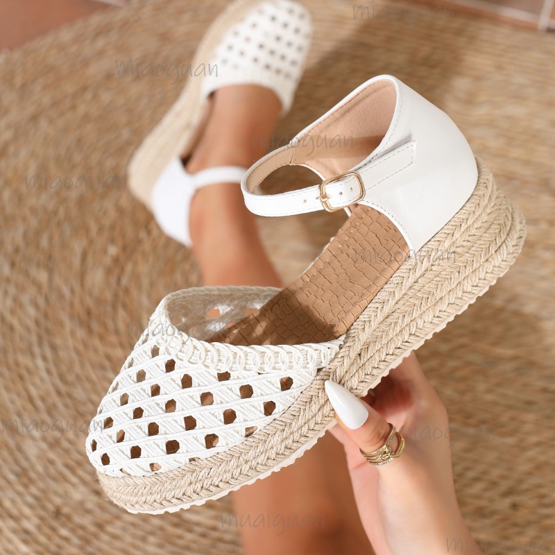 Espadrille Sandal Women - ボヘミアンスタイル レディース 中空編み込み エスパドリーユ ウェッジサンダル アンクルストラップ