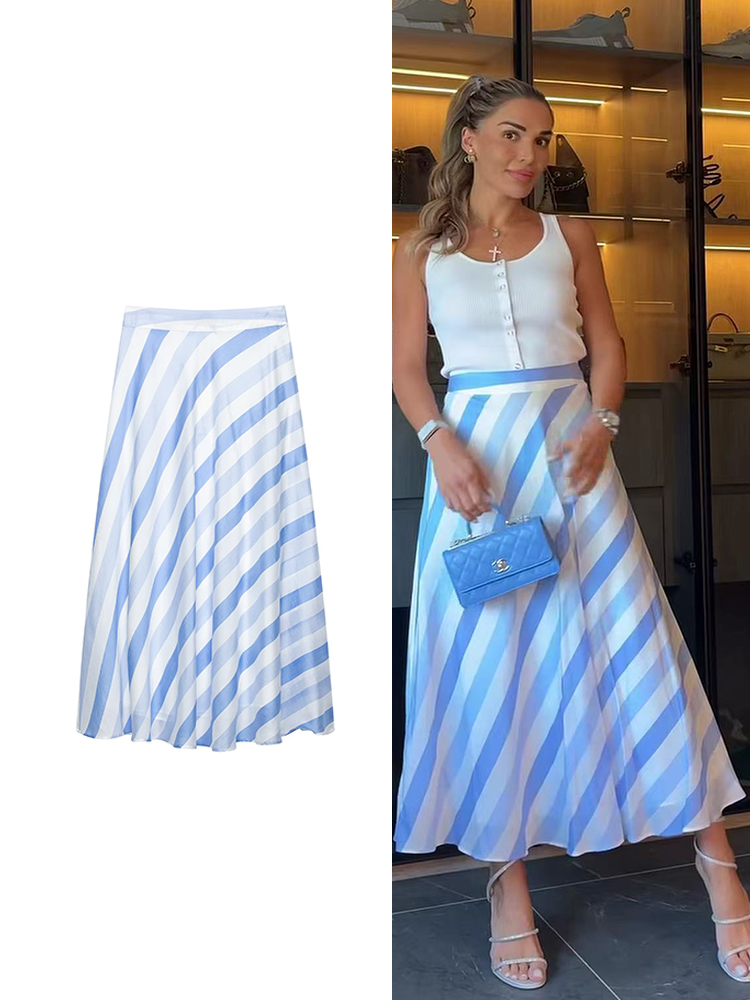 Summer Clothing Trends For Women 2026 - TFMLN 女性ヴィンテージブルーストライプスカート夏のファッショントレンドハイウエスト A ラインスカート休暇カジュアル女性服 2026