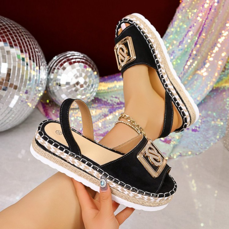 Espadrille Sandal Women - レディースプラットフォームエスパドリーユサンダルラインストーンメタルバックルオープントゥスリングバック夏のビーチカジュアルファッショナブルな履物新しい靴