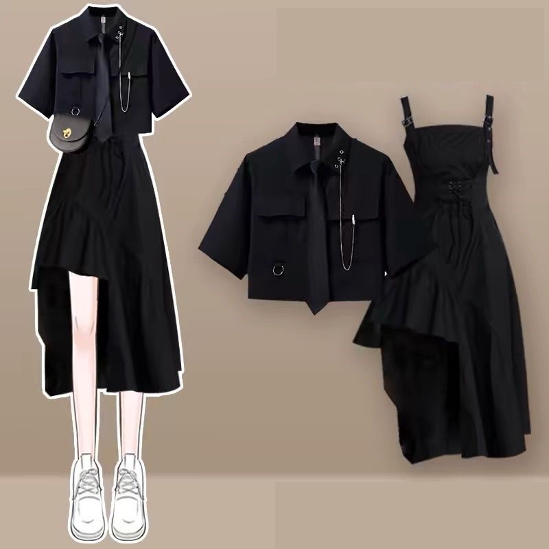 Summer Clothing Women Sale - 2026年女性用サマーニューファッションイレギュラーワンピースマッチングセット韓国風エレガント半袖シャツ+ストラップスカートツーピーススーツ