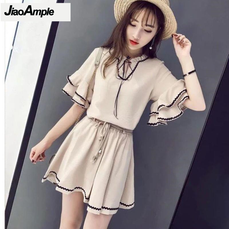 Summer Clothing Women Sale - 女性用シフォンブラウスとパンツのセット,ヴィンテージセット,蓮の葉の袖,ショーツスーツ,エレガントな服,韓国のファッション,夏,新しい,2022, 2個