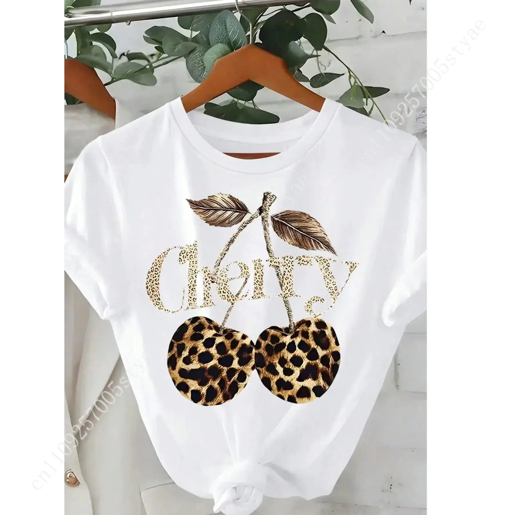 Summer Quilt - レディース チェリー＆ヒョウ柄ラウンドネックグラフィックTシャツ、ヴィンテージ風カジュアル半袖Tシャツ、普段着、レディースオールシー