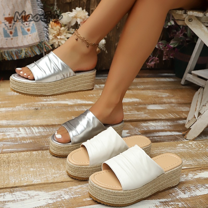 Espadrille Sandal Women - レディース ラッフル エスパドリーユ ウェッジ スライド サンダル