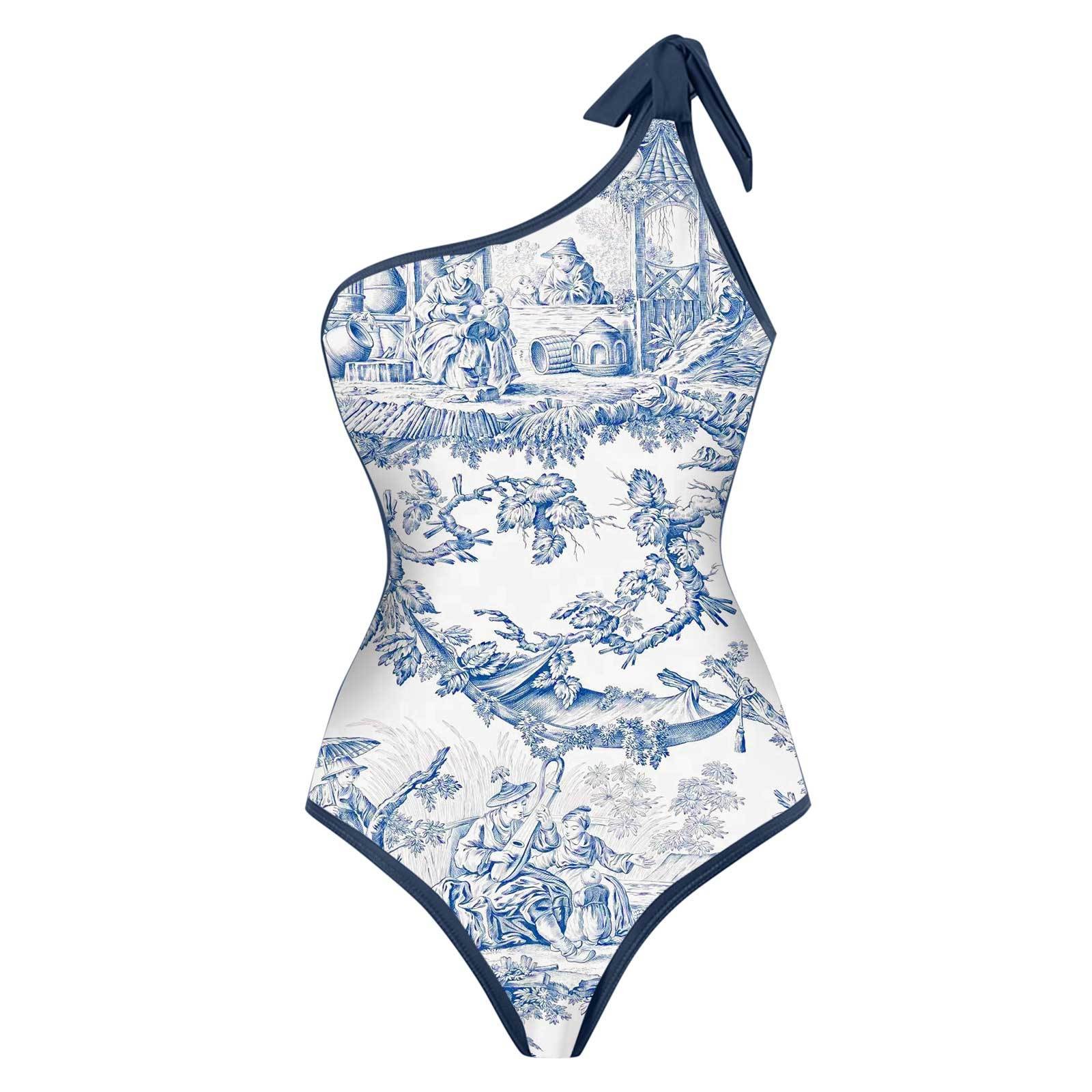 Swimsuit One Piece - 女性用ビキニ タンキニ 青と白のトワルプリントビキニ ワンショルダーラッフルスカート水着 ホルターネック ハイウエスト水着