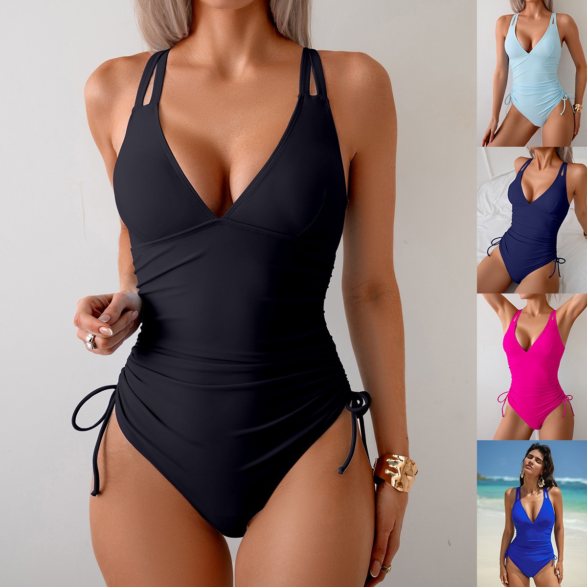 Swimsuit One Piece - ソリッドブラックのVネックワンピース水着、ウエストにギャザー入り、ホルターストラップ、ハイカットレッグ、ノースリーブ、ソリッドピンクの水着