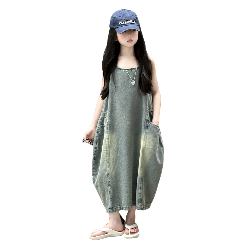 Summer Kids Clothing - ヴィンテージブルー子供女の子高品質ノースリーブデニムドレスストリート衣装ファッション夏の子供の高級ジーンズ服