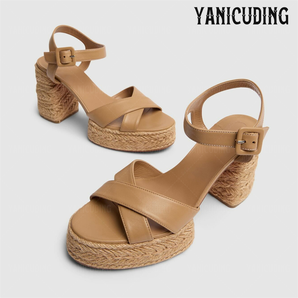 Espadrille Sandal Women - 編組ジュートプラットフォームエスパドリーユアンクルバックルレザーサンダルブロックヒールアーモンドオープントゥクロスストラップ夏のハイヒールの女性