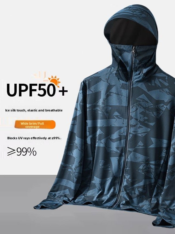 Summer Uv Clothing - メンズ迷彩柄アイスシルク日焼け止め服 軽量通気性サマーフィッシングスーツ 大きなつば付きUVカット帽子付き