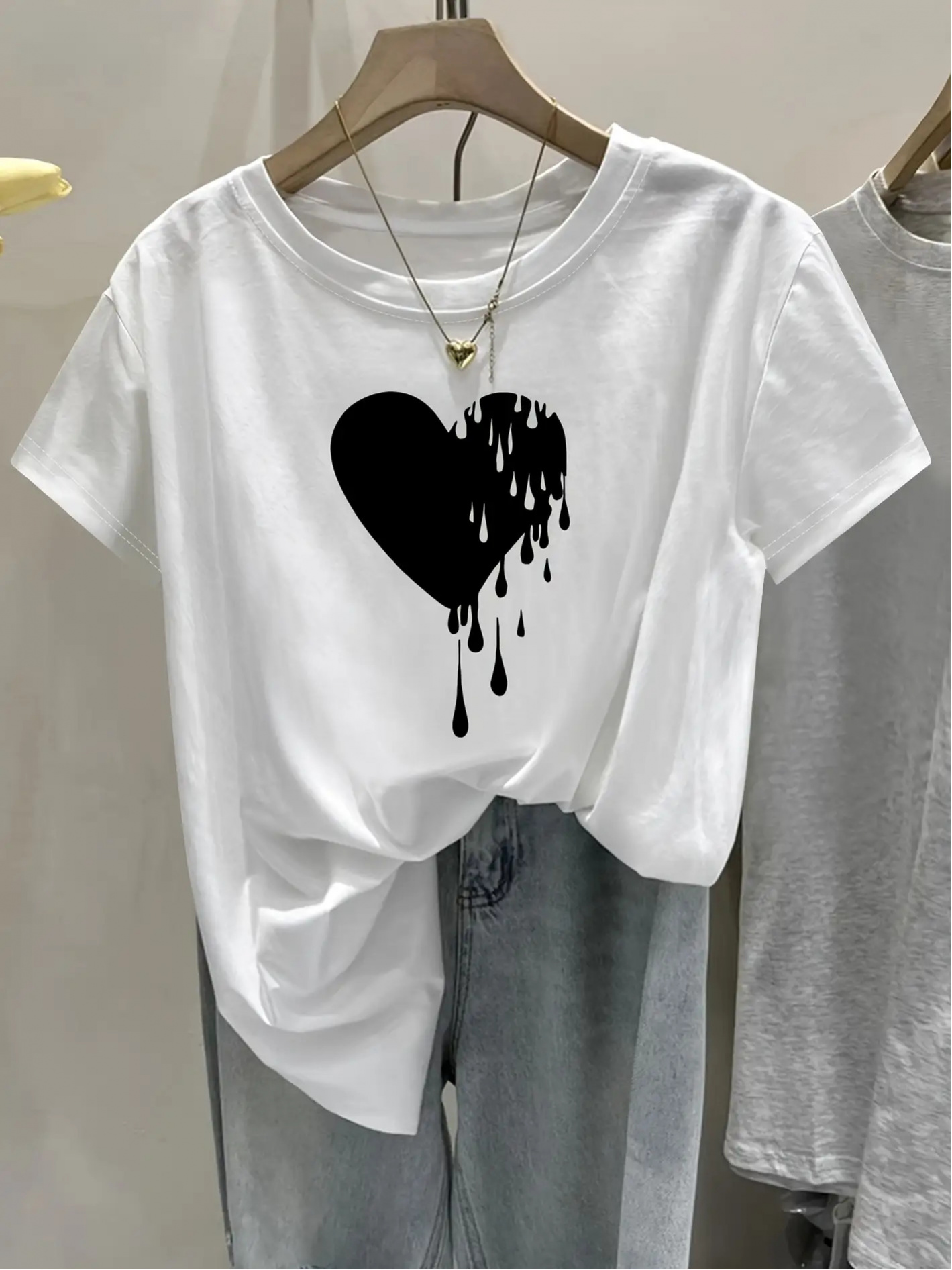 Summer Clothing Drip - 2026 女性韓国和風白黒ドリップハートプリント原宿半袖カジュアル服美的服