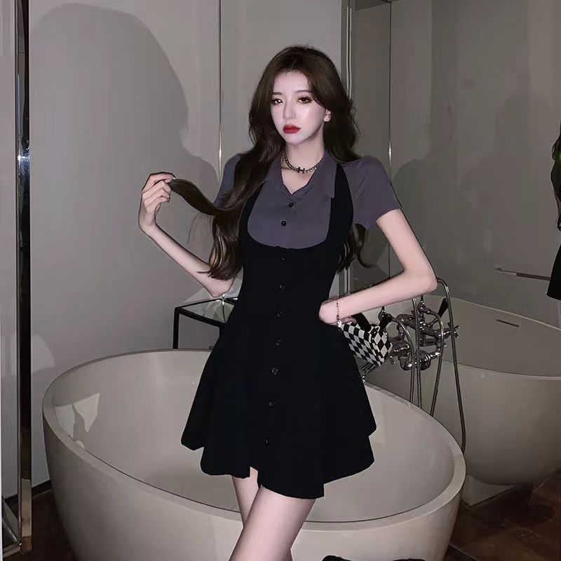 Summer Clothing Women Sale - Pure Desire 香港スタイルのフェイクツーピースピナフォアドレス、小柄なホットガール向けの半袖スリムミニスカート、夏のファッションアウト
