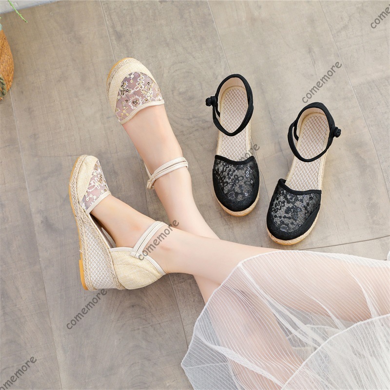 Espadrille Sandal Women - 女性のレースメッシュエスパドリーユウェッジサンダルアンクルストラップクローズドトゥプラットフォームシューズ通気性のあるサマーサンダル快適なサイズ41