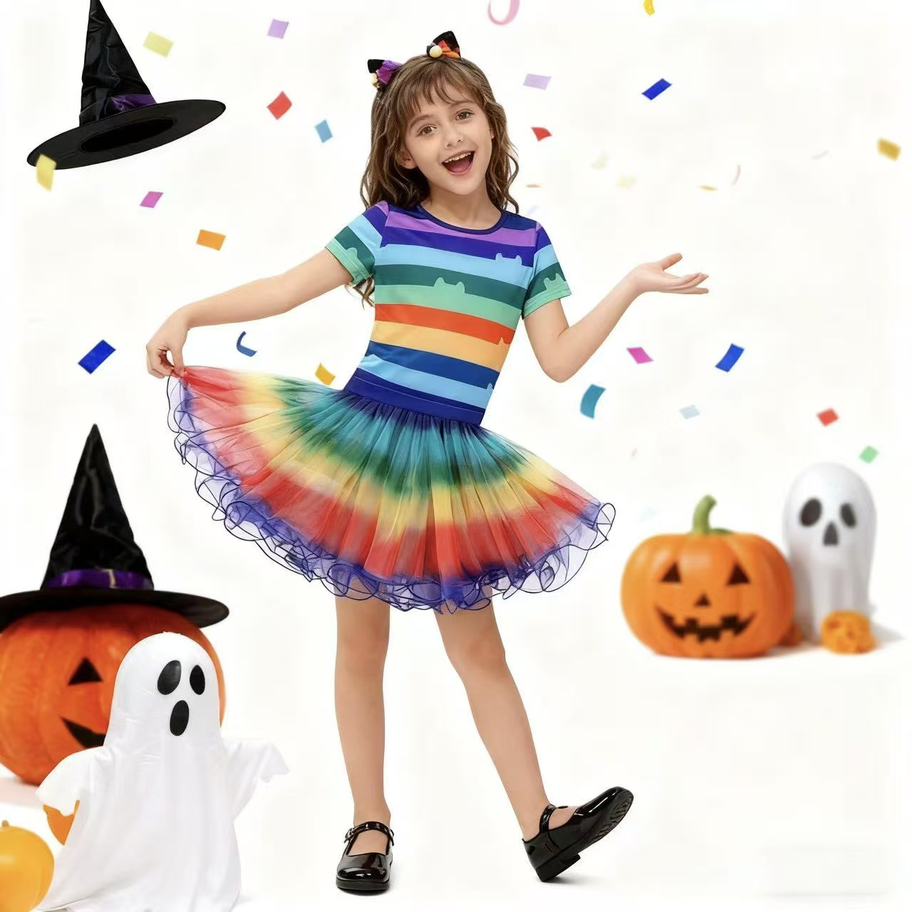 女の子レインボーストライプ Tシャツチュチュスカート猫耳ヘッ - Summer Kids Clothing のレビューと価格