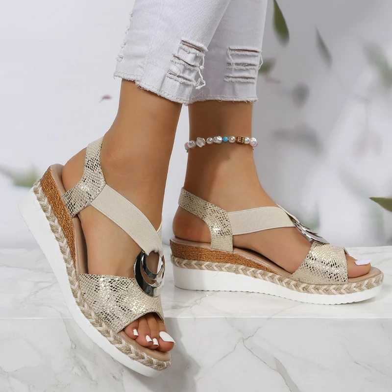 女性用メタルバックルウェッジサンダル,オープントゥ,伸縮性ス - Espadrille Sandal Women のレビューと価格