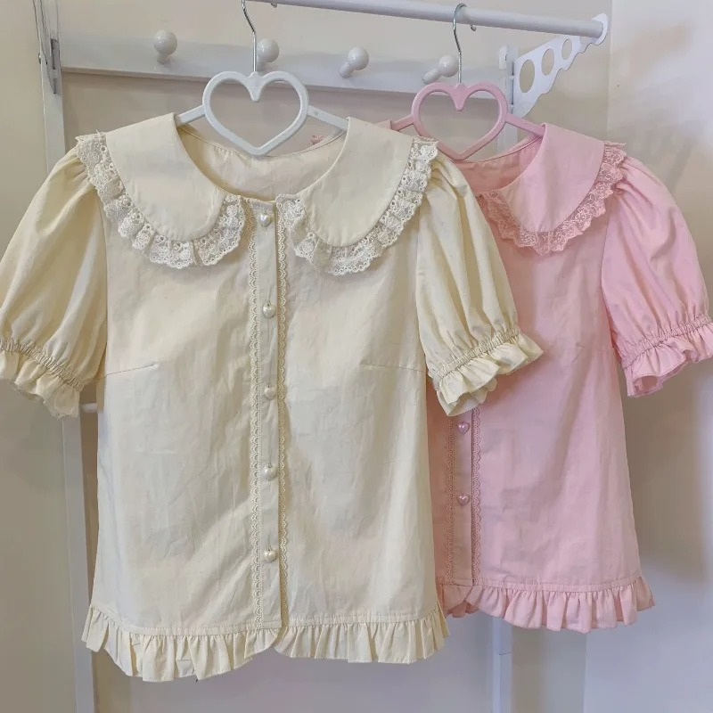 夏日本のかわいいロリータシャツ女性甘いパフ半袖レースフリルス - Summer Kids Clothing のレビューと価格