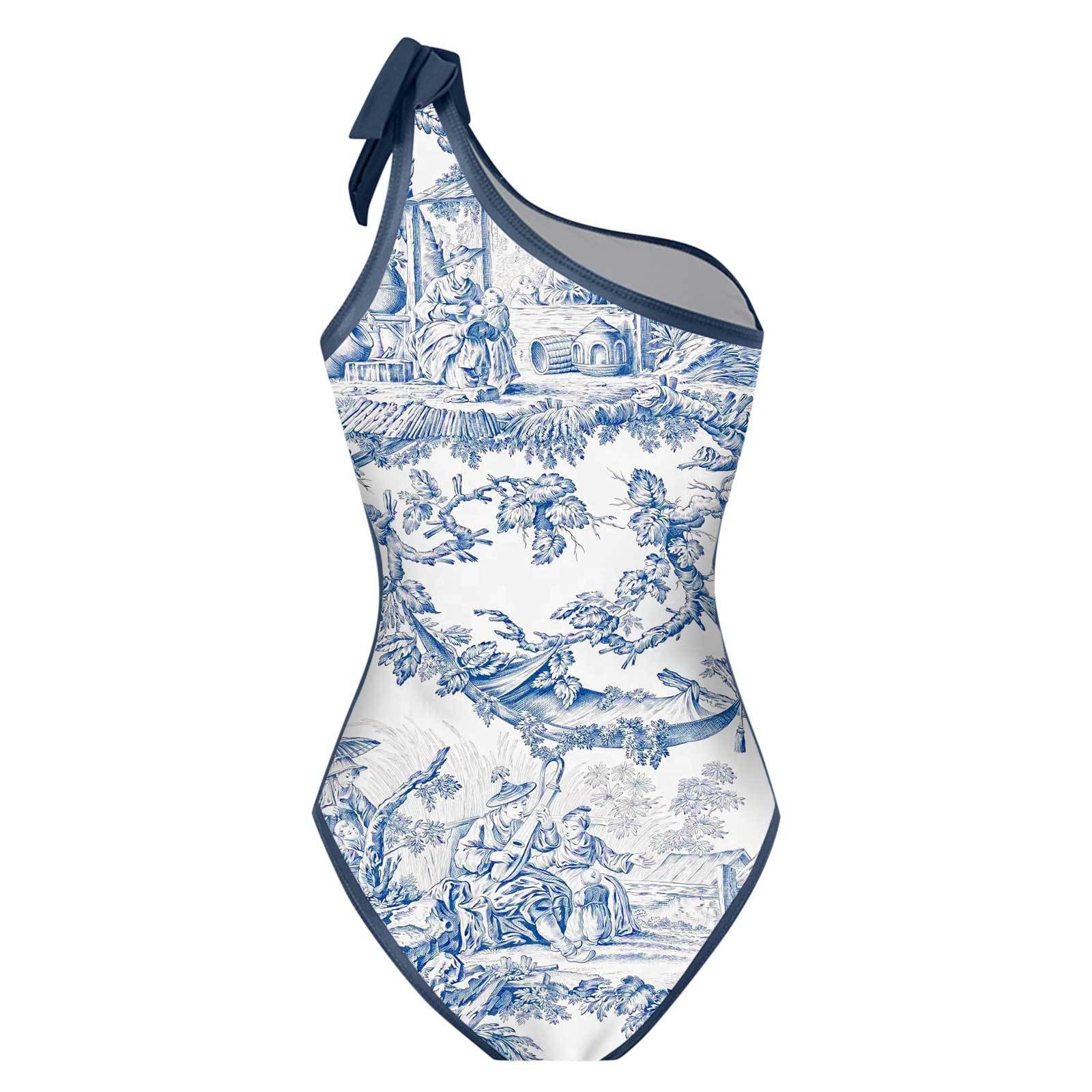 女性用ビキニ タンキニ 青と白のトワルプリントビキニ ワンシ - Swimsuit One Piece のレビューと価格