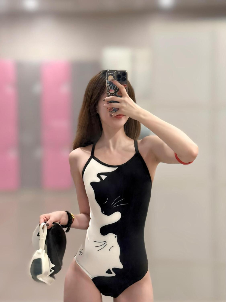 ブラックホワイト子猫プリント女性用ワンピース水着レーサーバッ - Swimsuit One Piece のレビューと価格