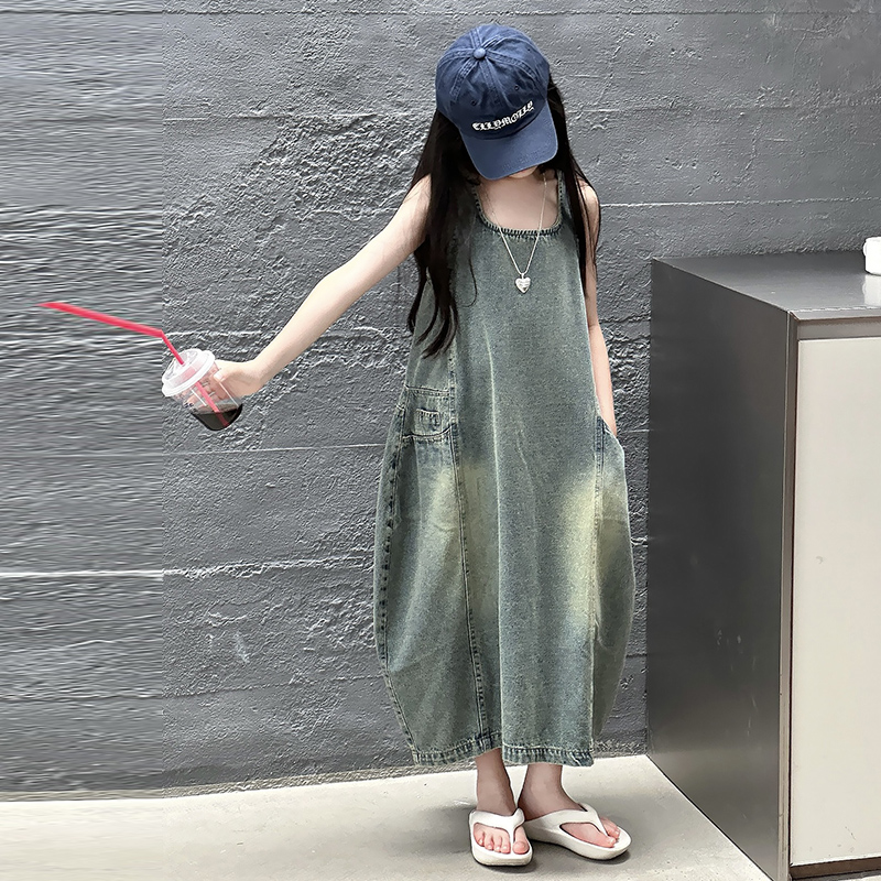 ヴィンテージブルー子供女の子高品質ノースリーブデニムドレスス - Summer Kids Clothing のレビューと価格