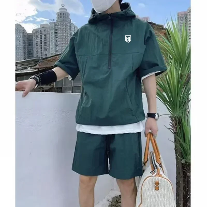 メンズフード付きジップ付きゴルフ半袖トップ+ショーツ2点セッ - Yours Clothing Summer Jackets のレビューと価格