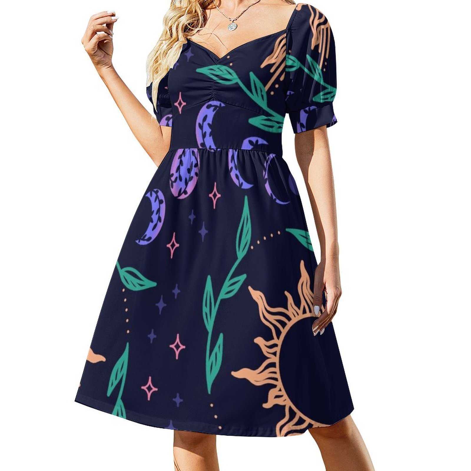 シームレスな月相、太陽、星、葉のパターン、女性のストリートウ - Summer Clothing Patterns のレビューと価格